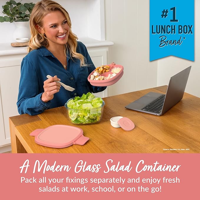 Bentgo Glass Salad Container with Airtight Lid & Leak-Proof Sauce Cup
