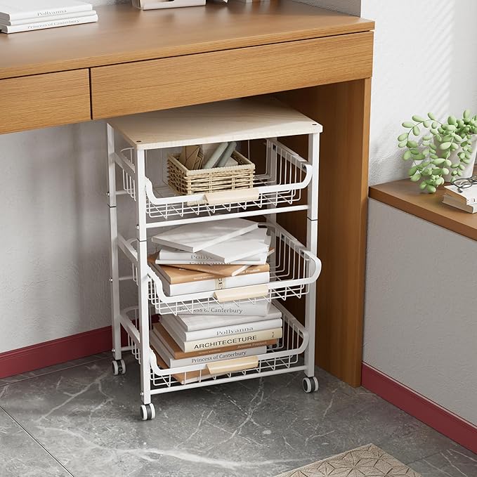 NiuYichee 4-Layer Fruit Basket Kitchen Food Storage Organizer and Storage Rack, Stackable Storage cart with Desktop, Pull-Out Hollow Metal Storage Basket, liding Out Storage,White