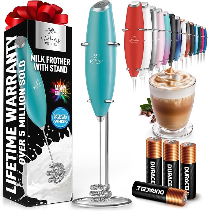 Zulay Kitchen Powerful Milk Frother Wand With Duracell Batteries - Ultra Fast Handheld Drink Mixer - Electric Whisk Foam Maker for Coffee, Lattes, Cappuccino & Matcha - Triple Whisk - Queen Turquoise