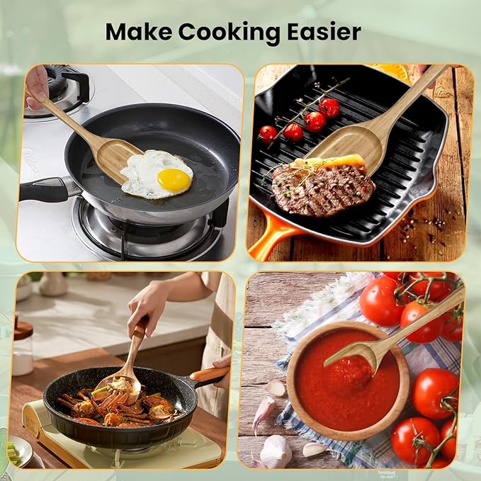 GEEKHOM Flat Wooden Spatula Teak Turners: 13 Inch Bamboo Utensils for Nonstick Cookware, Pancake Fish Egg Flipper, Stirring Serving Scraping 2 PCS