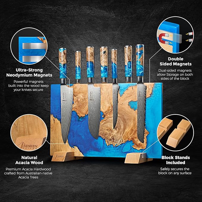 SENKEN "Tsunami" Extra Large Magnetic Knife Block - Holds Up to 16 Knives - Knife Block without Knives, Universal Knife Holder, Beautiful Blue Resin Burl Wood Blend ("Tsunami" Blue Resin Blend)