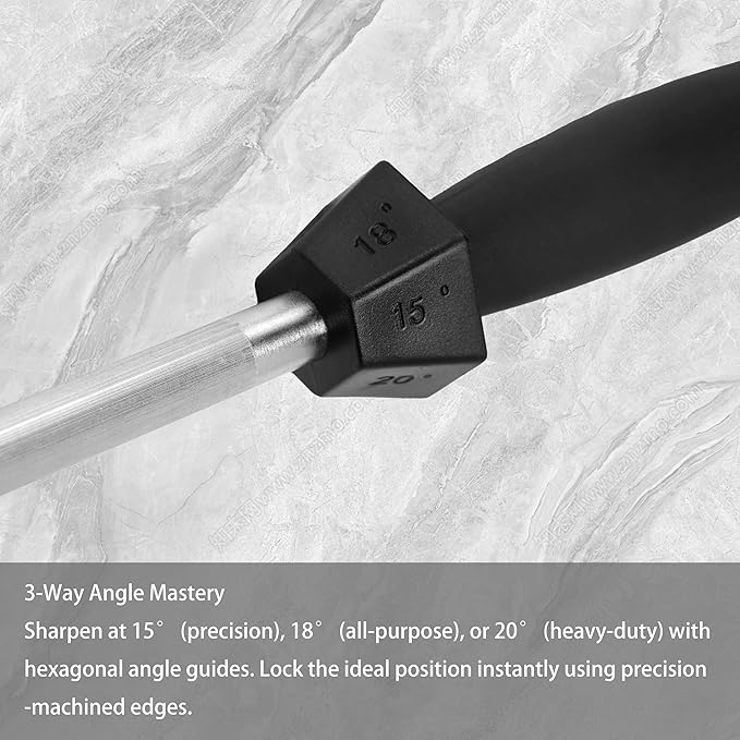 12-Inch Knife Sharpening Rod, Honing Steel with 15/18/20 Degree Guides