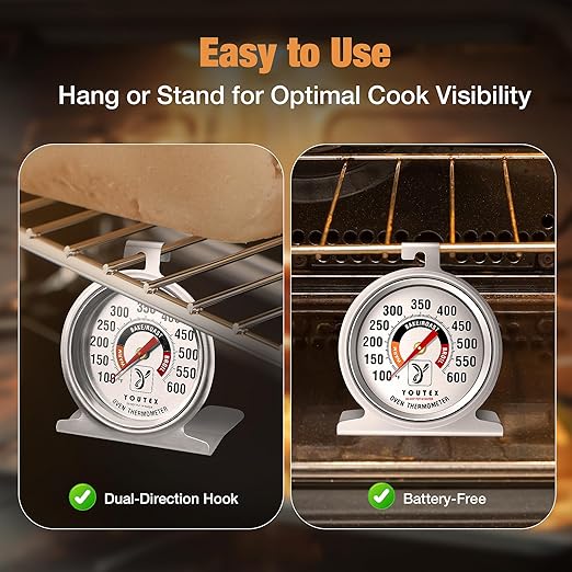 Youtex 2-Pack Oven Thermometer, Upgraded 100-600°F No-Holes Non-Discoloring Easy-to-Clean for Healthier Cooking, Easy-to-Read with Large Bright Numbers for Gas & Electric Ovens, Grills, and Smokers