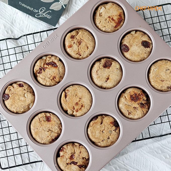 CHEFMADE Muffin Cake Pan, 12-Cavity Non-Stick British Cupcake Pan Bakeware for Oven Baking (Champagne Gold)