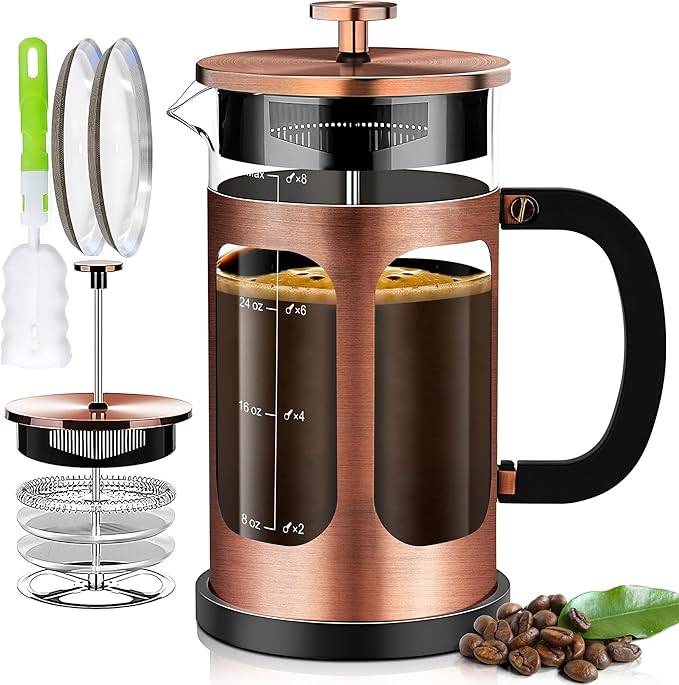 YMMIND French Press Coffee Maker (34oz 1Quart 5-6Cup) Coffee Press, with 4 Filters System, Heat Resistant Thickness Borosilicate Glass, Cold Brew Coffee Tea Pot Gifts (Copper)