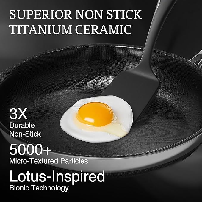 KITEXPERT Non Stick Frying Pans Set, Titanium Ceramic Pan with Lids, Nonstick Skillet Stainless Steel, PFAS PFOA & PTFE Free, Dishwasher & Oven Safe, All Cooktops Compatible, 3 Piece (8, 10, 12")