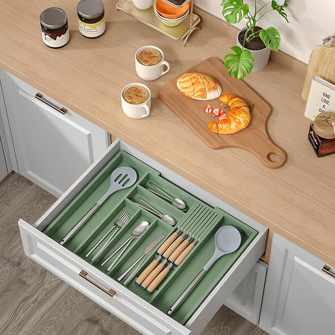 TIOPGHAD Expandable Bamboo Silverware Drawer Organizer Tray, Grayish Green