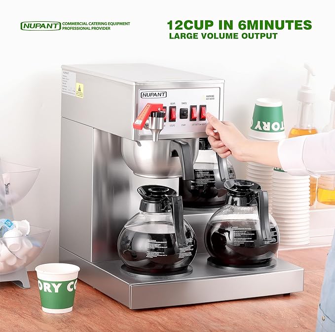 NUPANT 12 Cup Commercial Coffee Maker Auto Filling Drip Coffee Machine with 3 Carafes 3 Warmers, Filters, Stainless Steel Pour Over Coffee Brewer with Hot Water Dispenser for Restaurant Office Cafe