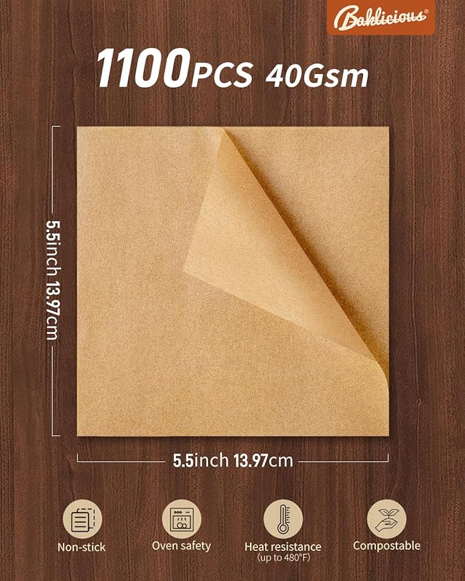 Baklicious 5.5x5.5inch 1100pcs Unbleached Non-Stick Hamburger Patty Paper Squares