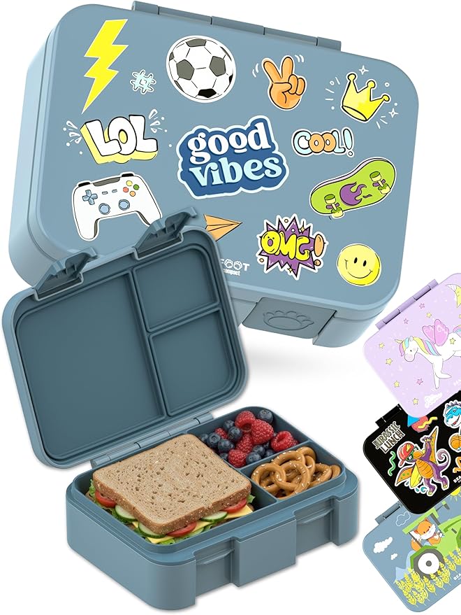 BEARFOOT Kids Lunch Box with Compartments – Compact & Lightweight | Leak-Proof, BPA-Free, Dishwasher Safe | Hand-Drawn Design for Preschool, School, Travel (Sticker Blue, 2.75 Cups)