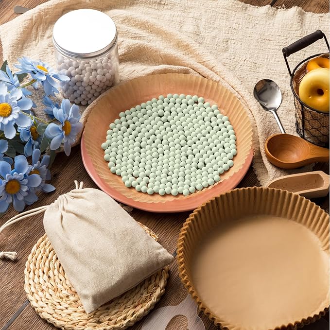 1 Pack 2 lb Light Green Pie Weights for Baking Crust Reusable Ceramic Blind Baking Beans Stoneware with 50 Pcs Disposable Parchment Paper Pie Liner Fit 8, 9, 10 Inch Dish with Storage Bottle and Bag