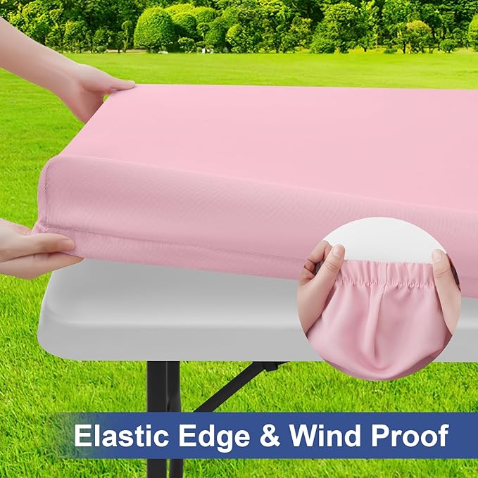 homing Rectangle Table Cloth Cover, Water-Resistant Polyester Elastic Fitted Tablecloth, Fits for 6 Foot Folding Tables, Washable Table Protector for Picnic, Camping, Outdoor (Pink, 30" x 72")