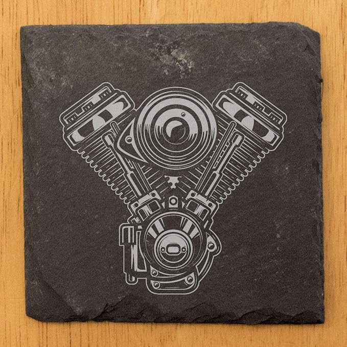 Engraved V-Twin Engine Slate Coasters Set of 4 – Square – USA Made