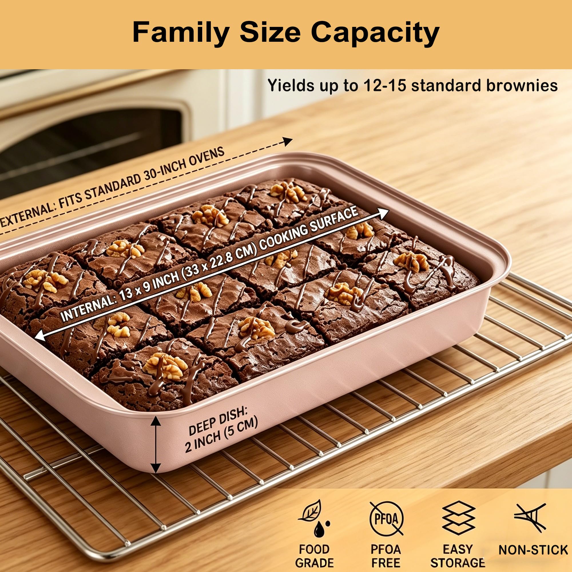 Barlket 9x13 Baking Pan & Dish, 13x9 Nonstick Rectangle Cake Pan, Rose Gold