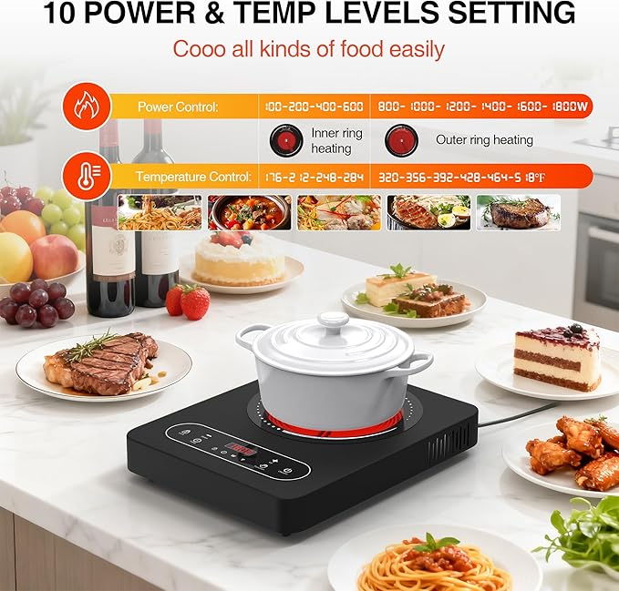 Electric Cooktop 1800W, Single Burner Portable Electric Stove 110V with LED Touch Screen 10 Power Levels, Hot Plate with Child Safety Lock, Timer and Overheat protection, Compatible with All Cookware