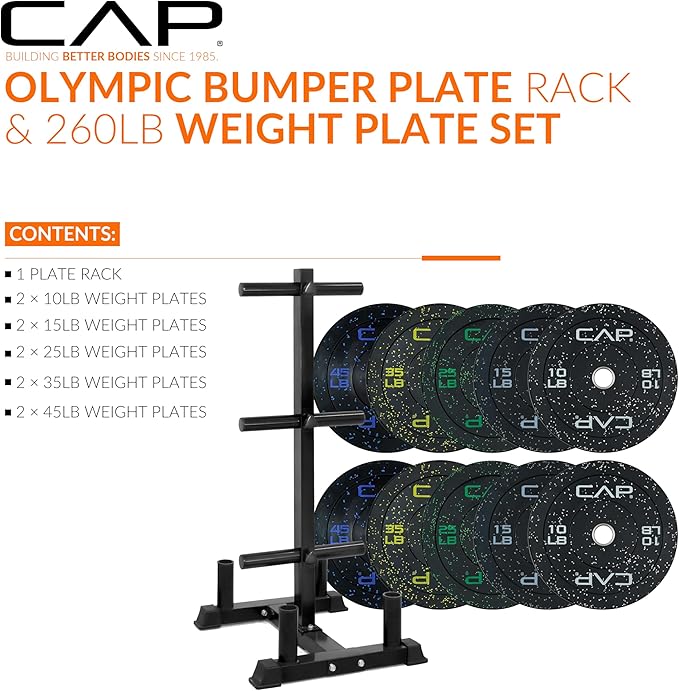 CAP 260lb Economy Speckled Olympic Bumper Plate Set with Storage Rack