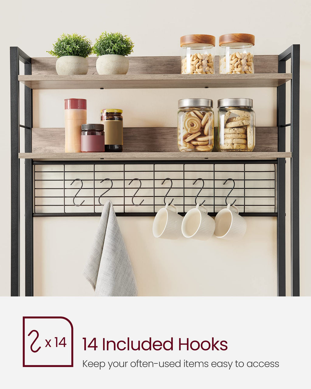 VASAGLE Bakers Rack with Power Outlet, Microwave Stand, Kitchen Tall Utility Storage Shelf, with Metal Wire Panel, 14 Hooks, 15.7 x 31.5 x 66.9 Inches, Heather Greige and Ink Black UKKS025B02