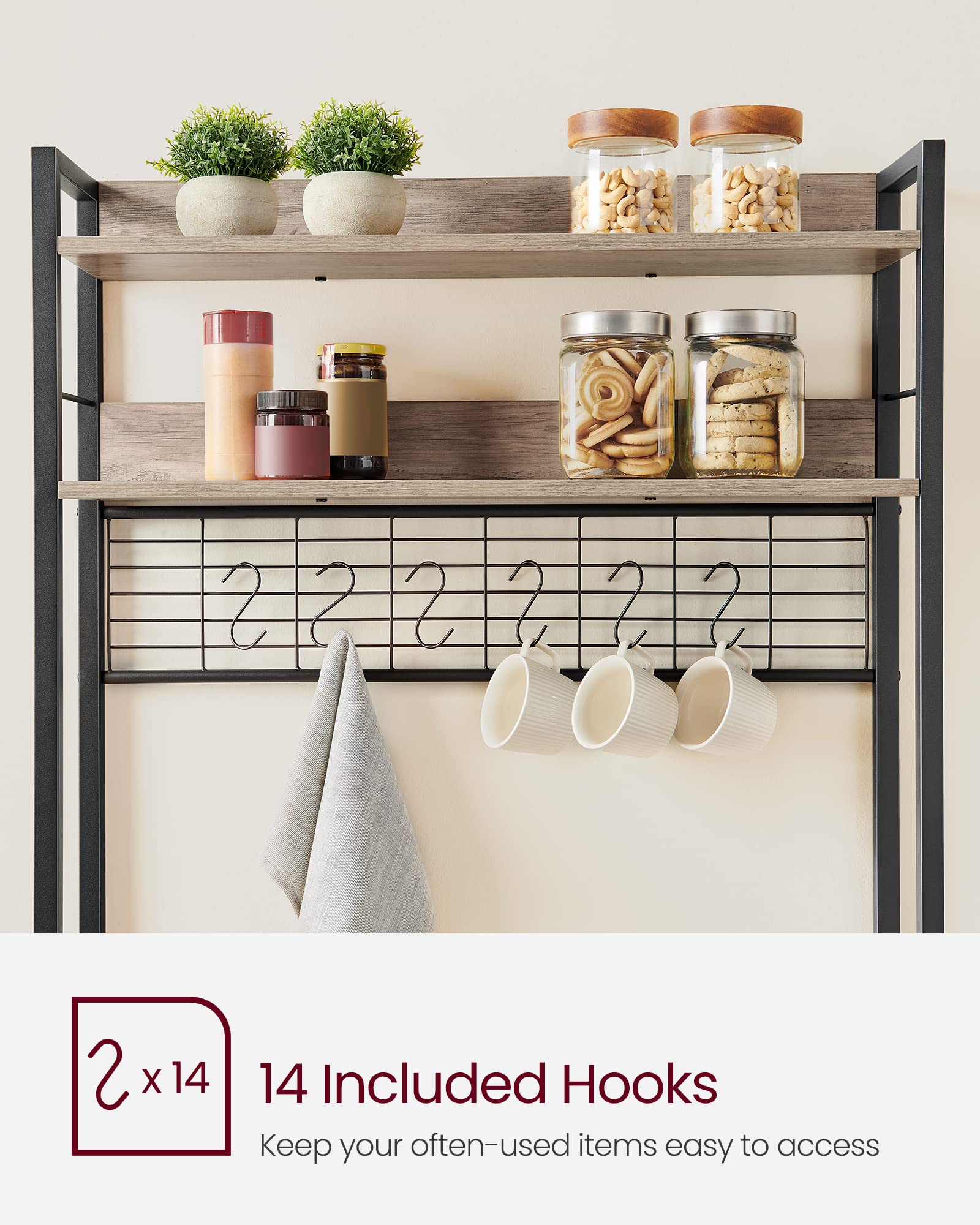 VASAGLE Bakers Rack with Power Outlet, Microwave Stand, Kitchen Tall Utility Storage Shelf, with Metal Wire Panel, 14 Hooks, 15.7 x 31.5 x 66.9 Inches, Heather Greige and Ink Black UKKS025B02
