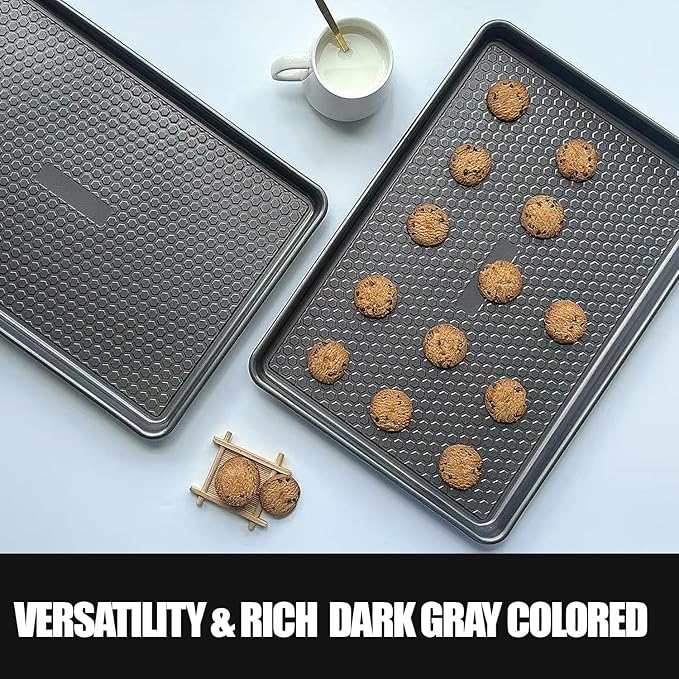 JOHO BAKING Large Baking Sheet Set (2 Pack) - Half Sheet Pan 17.7x12.2 Inch, 0.8mm Heavy Duty Carbon Steel, Nonstick & Warp Resistant Cookie Sheet for Baking, Roasting, Textured Pattern, Dark Grey