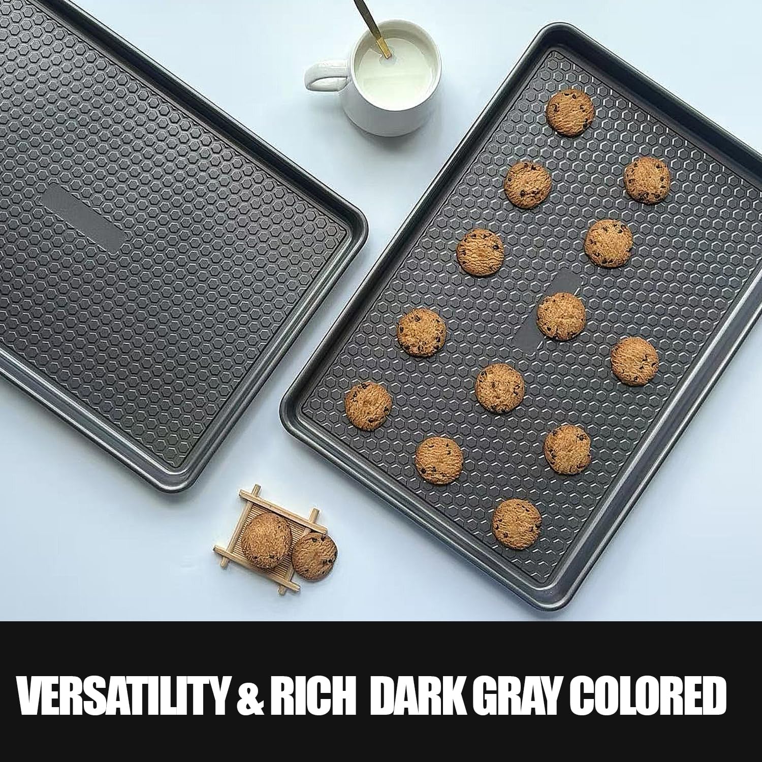 JOHO BAKING Large Baking Sheet Set (2 Pack) - Half Sheet Pan 17.7x12.2 Inch, 0.8mm Heavy Duty Carbon Steel, Nonstick & Warp Resistant Cookie Sheet for Baking, Roasting, Textured Pattern, Dark Grey
