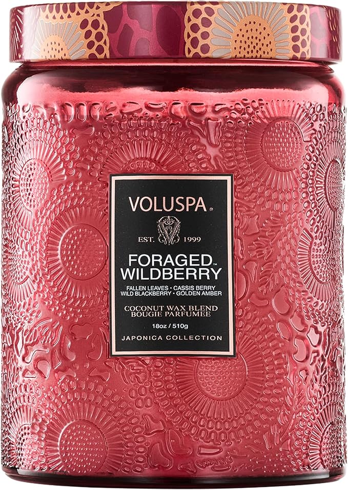 Voluspa Foraged Wildberry Large Jar Candle, 18 oz, Coconut Wax Blend, Berry Scented Candle for Home, 100 Hour Burn Time, Handcrafted in the USA
