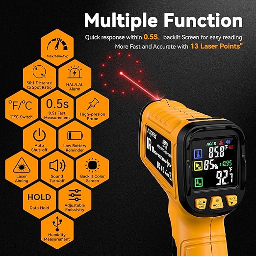 Surpeer 50:1 Infrared Thermometer IR Laser Gun, -58°F to 1796°F, Digital Temperature Gun/K-Type Probe -4°F to 932°F & Humidity Sensor for Cooking, Pizza Oven BBQ HVAC Home-Industrial Use