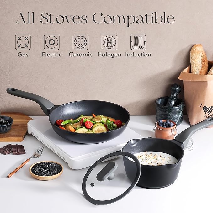 PRICUSIS Nonstick Saucepan with Lid, 2.7 Quart Non Toxic Pot with Pour Spouts, Full Coated, 100% Dishwasher Safe, Induction Compatible, PFOS & PFOA Free, Black Sesame