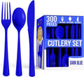 Party Solids Dark Blue Plastic Silverware Heavy Duty 300 Pieces Dark Blue Disposable Silverware Heavy Duty, Utensil Sets, 100 Of Each Forks, Knives & Spoons Disposable Cutlery Set For Party Supplies