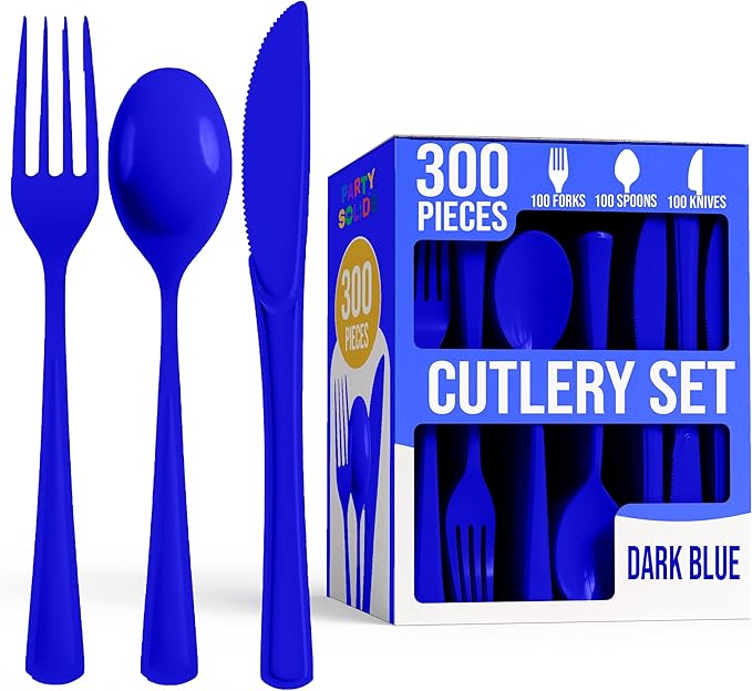 Party Solids Dark Blue Plastic Silverware Heavy Duty 300 Pieces Dark Blue Disposable Silverware Heavy Duty, Utensil Sets, 100 Of Each Forks, Knives & Spoons Disposable Cutlery Set For Party Supplies