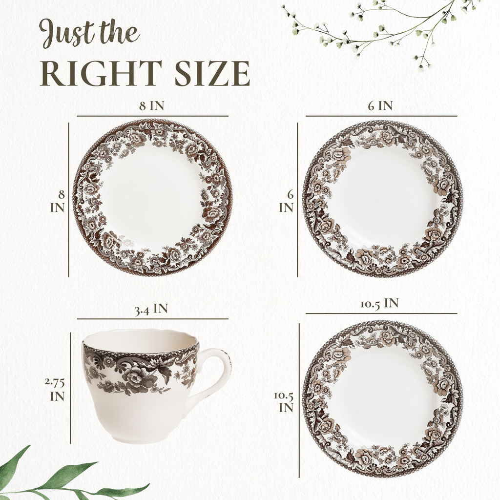 Spode Delamere 5-Piece Place Setting – Rich Brown British Flowers Border, Includes Dinner, Salad, Bread Plates with Teacup & Saucer – Fine Earthenware, Dishwasher, Microwave, Oven & Freezer Safe