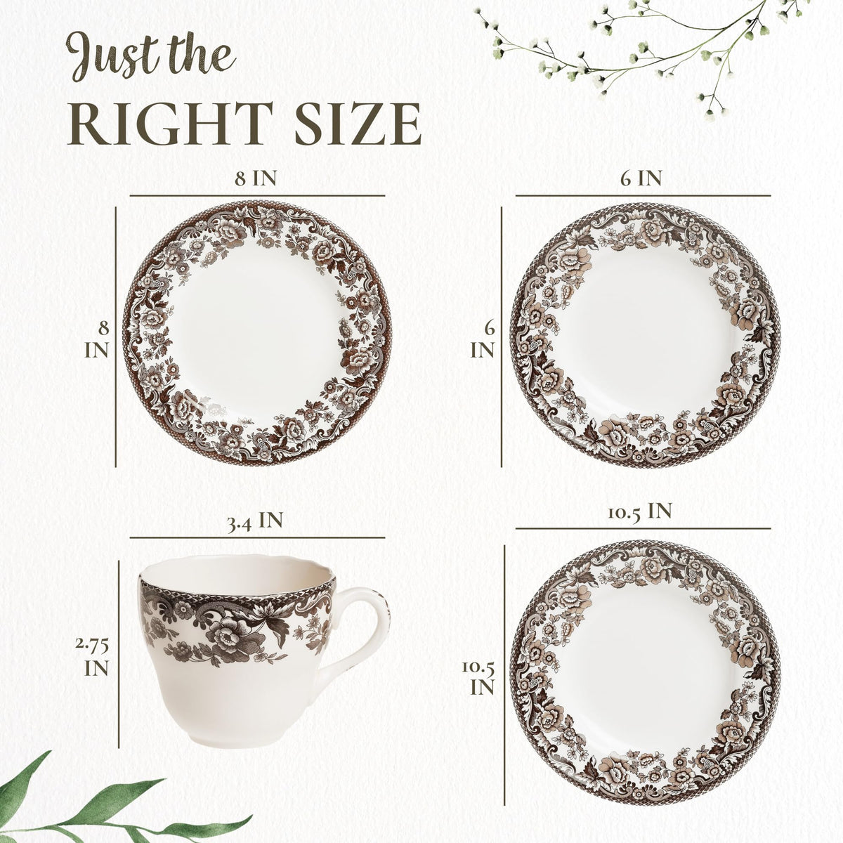 Spode Delamere 5-Piece Place Setting – Rich Brown British Flowers Border, Includes Dinner, Salad, Bread Plates with Teacup & Saucer – Fine Earthenware, Dishwasher, Microwave, Oven & Freezer Safe