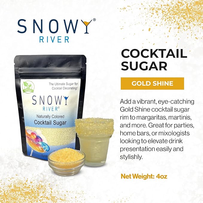 Snowy River Natural Cocktail Sugar Rimmer - Kosher Certified Naturally Colored Beverage Rimming Sugar for Cocktails, Margaritas, Drinks (Gold Shine, 4 Ounce)