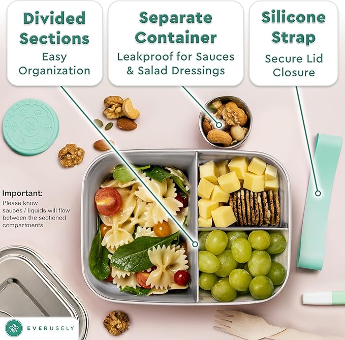 Stainless Steel Bento Box + Condiment Container - Green, 47oz / 1.4 L