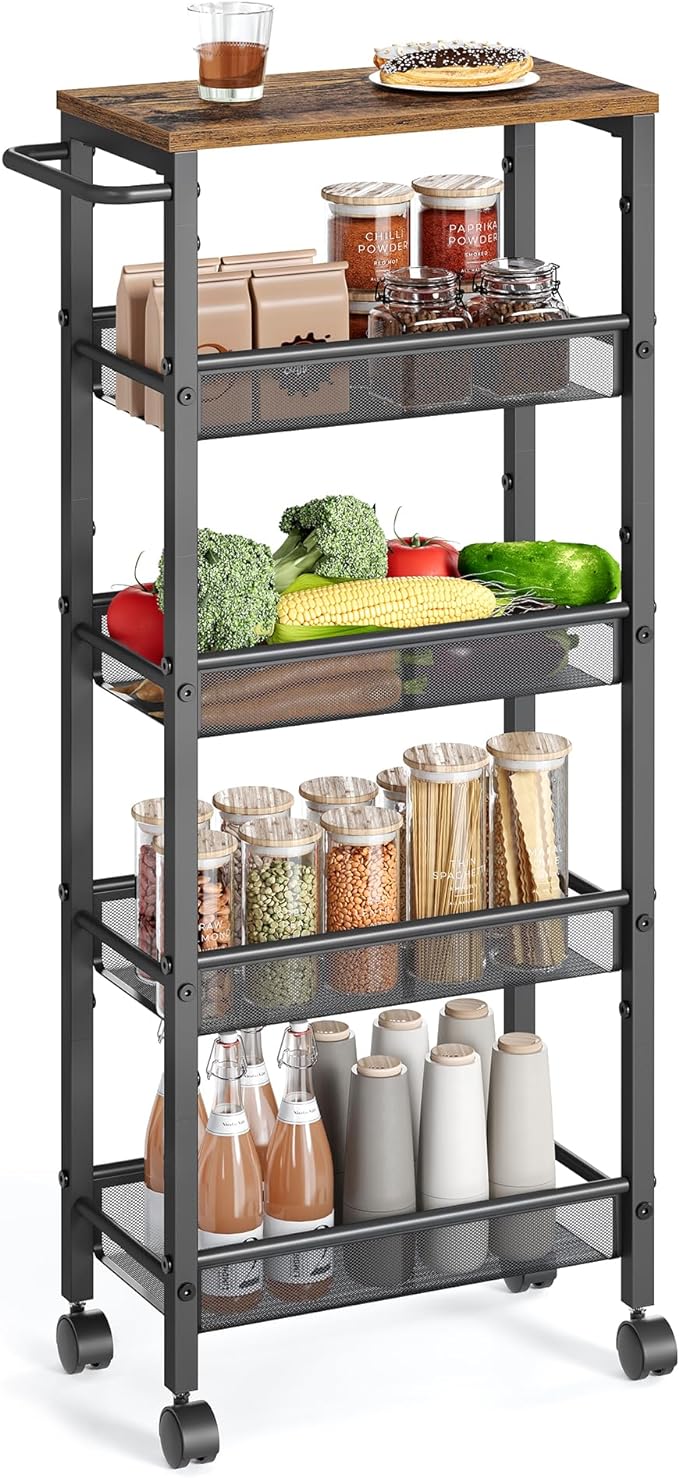VASAGLE Slim Rolling Cart, 5-Tier Storage Cart, Narrow Cart with Handle, 8.7 Inches Deep, Metal Frame, for Kitchen, Dining Room, Living Room, Home Office, Rustic Brown and Classic Black ULRC035B01