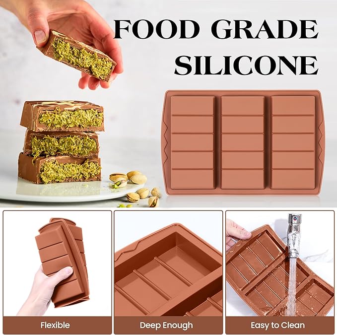 KASHME 2 Pcs Chocolate Bar Mold Deep Dubai 0.85 Inch Stuffed Chocolate Molds Silicone Large Break Apart Silicone Molds (10 Snap + 5 Snap）