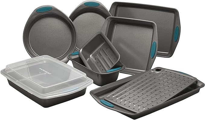 Rachael Ray Yum-o! Nonstick Bakeware Oven Lovin' Baking Pans Set, 10-Piece, Gray and Marine Blue