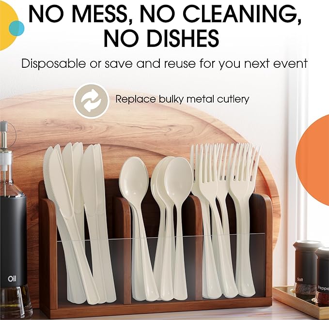 Party Solids Ivory Plastic Silverware Heavy Duty 150 Pieces Ivory Disposable Silverware Heavy Duty, Utensil Sets, 50 Of Each Forks, Knives & Spoons Disposable Cutlery Set For Party Supplies