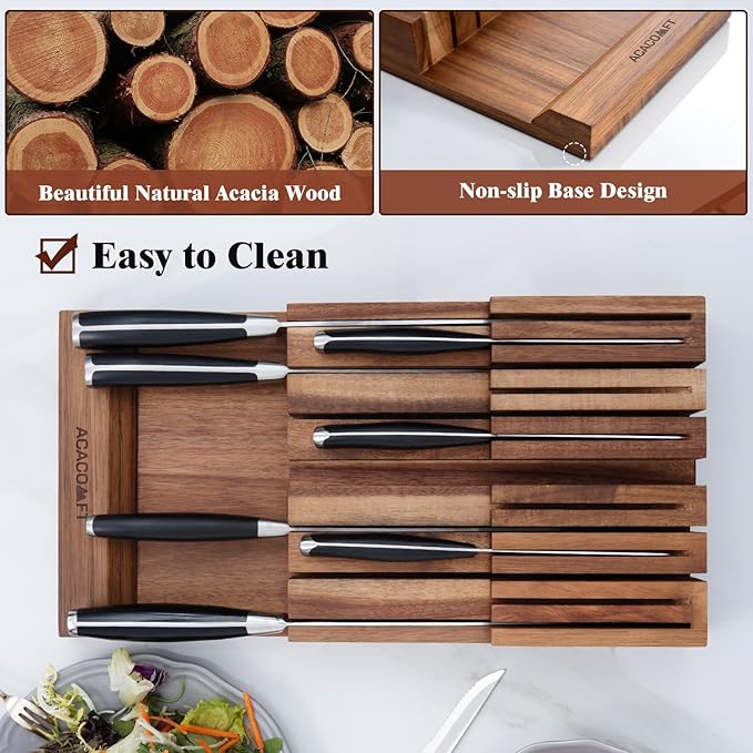 Acacomft In-Drawer Knife Block, Acacia Wood Kitchen Knife Drawer Organizer, Knife Holder without Knives For Up to 12 Knives Steak Knife Chef Knife