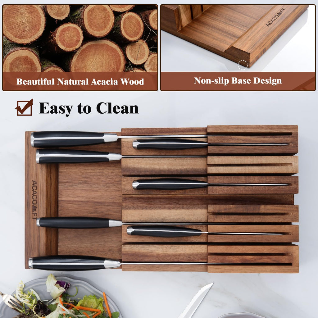 In-Drawer Knife Block without Knives, Acacia Wood Knife Drawer Organizer