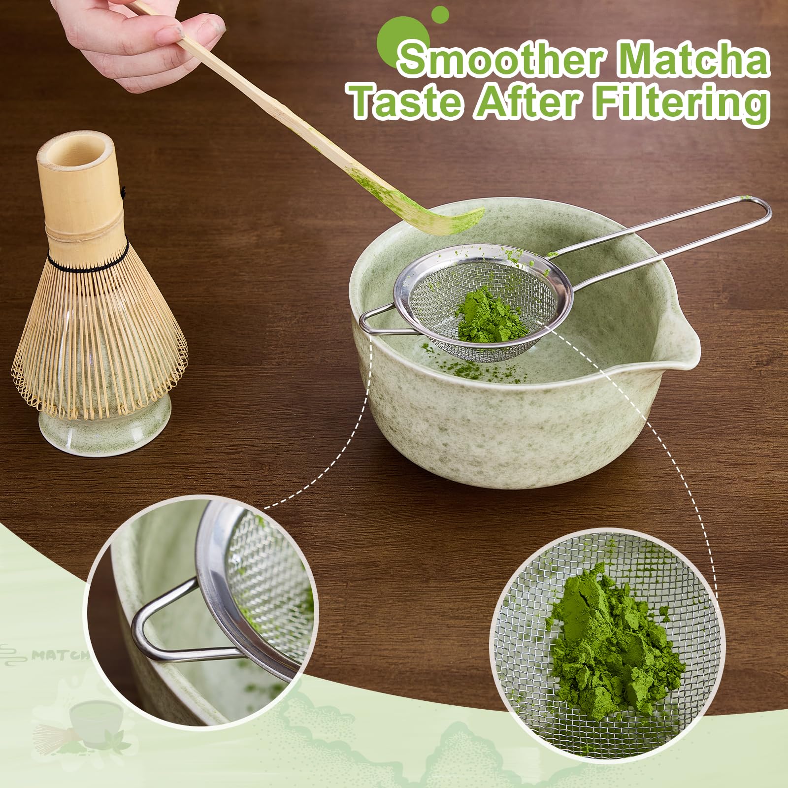 Nigwet 5Pcs Matcha Whisk Set - Matcha Bowl with Spout, 100% Bamboo Whisk (Chasen), Holder, Stainless Sifter, Tea Scoop. Japanese Ceremony Matcha Kit for Beginners, Ideal Gift for Tea Lovers (Green)