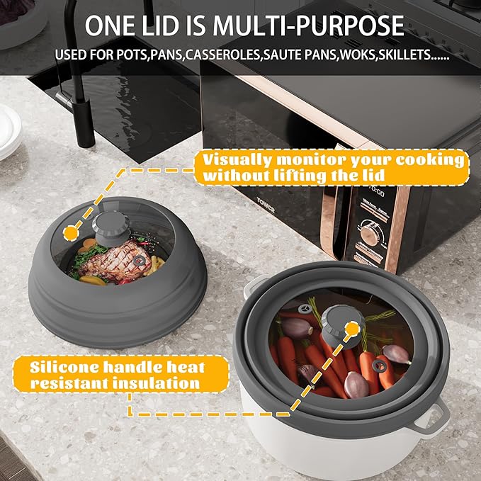 Microwave Splatter Cover, Vented Silicone & Glass Anti-Splatter Lid with Handle, Collapsible Food Plate Cover Fits 6–11 Inch Plates and Bowls (Gray, 11.8inch)