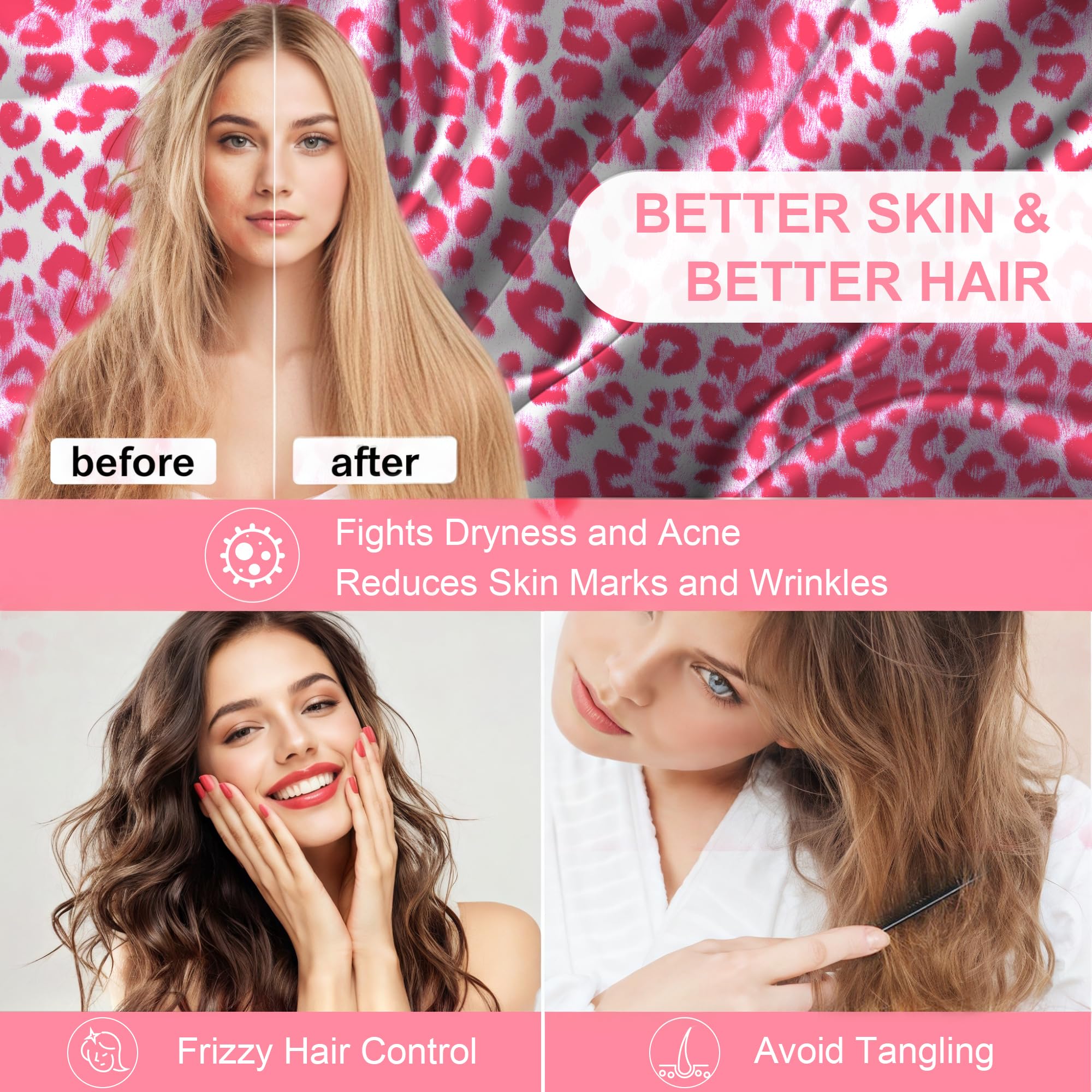 Silk Pillow Cases 2 Pack Standard Size with Hidden Zipper, Mulberry Silk Pillowcase for Hair and Skin, Smooth and Soft Breathable Cooling Silk Satin Pillowcase Set of 2, Gifts for Women，Leopard Pink