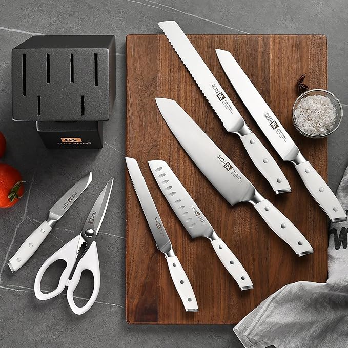 Klaus Meyer Stahl 8-Piece German Steel Kitchen Knife Block Set (White)