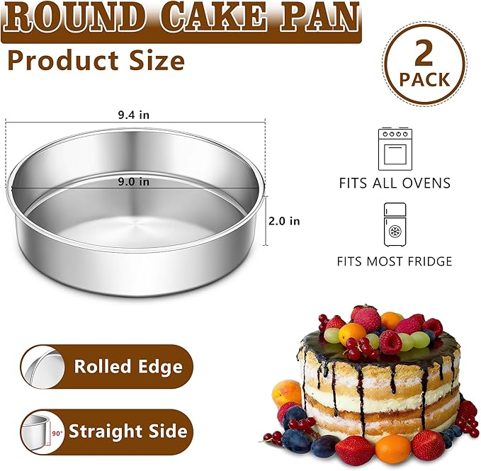 LIANYU 9 Inch Round Cake Pan Set of 2, Stainless Steel Layer Pan for Baking