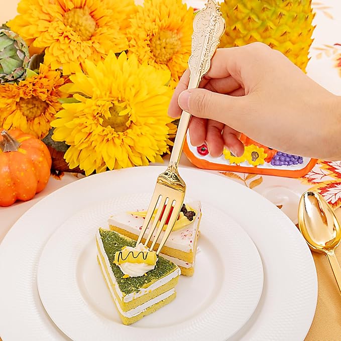Liacere 400PCS Gold Plastic Silverware - Pre Rolled Napkins Disposable Gold Plastic Cutlery-Premium Quality Utensils-Includes 100Forks,100Knives,100Spoons,100 Napkins & Birthday Party &Events