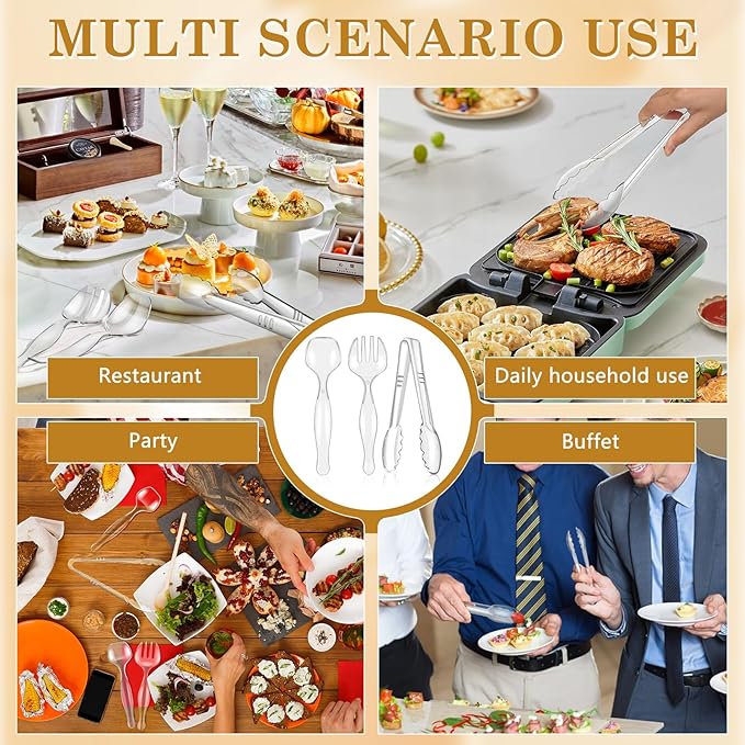 Mwellewm 36Pcs Serving Utensils Large Plastic Serving Utensils Set Serving Spoons for Buffet Clear Disposable Plastic Tongs 8.5'' Heavy Duty Slotted Spoons/Forks Supplies for Party Food Salad Soup