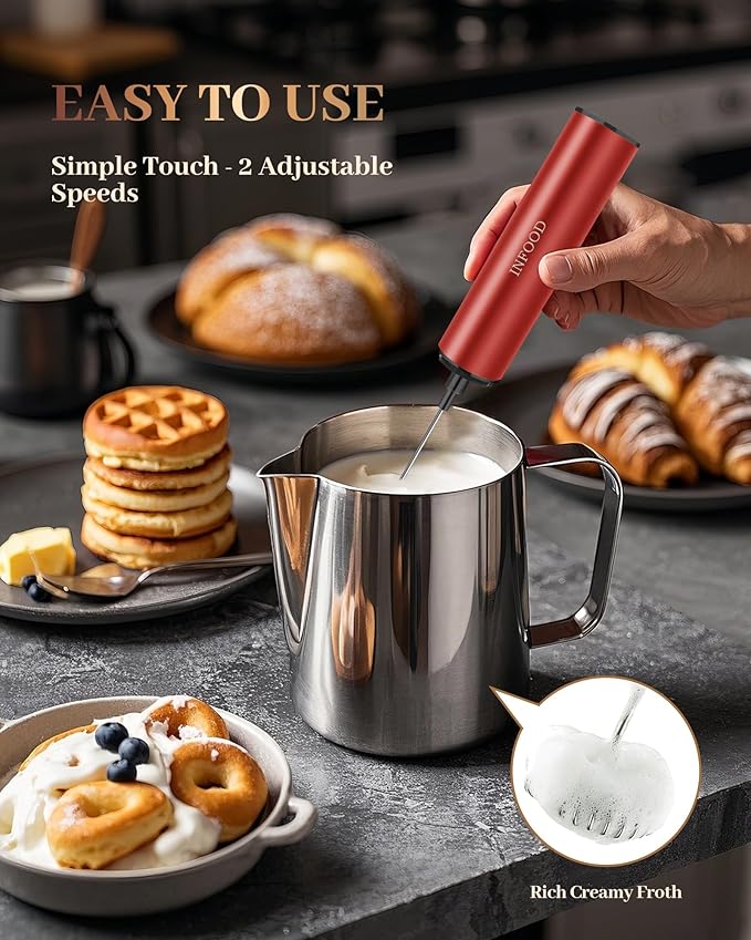 INFOOD Rechargeable Milk Frother with Cover, 2-Speed, 2 Whisks, Red