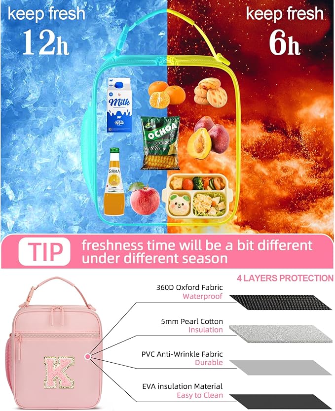 CLOUDWINGS Lunch Box Kids Large Initial Insulated Lunch Bag for Girls