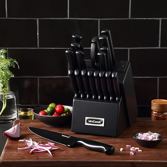 McCook® Premium Black Knife Sets,German Stainless Steel Kitchen Knives Block Set with Built-in Sharpener, 20-Piece Razor-Sharp Kitchen Knives with Ergonomic Handles, Elegant Box for Gift, Black