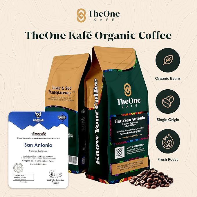 TheOne Kafé Guatemala Dark Roast Whole Bean Coffee – Organic, Single Origin, Premium Specialty Coffee and Ethically Sourced – Fresh Roasted for Espresso, Drip, Pour Over – 12 oz (Pack of 2)